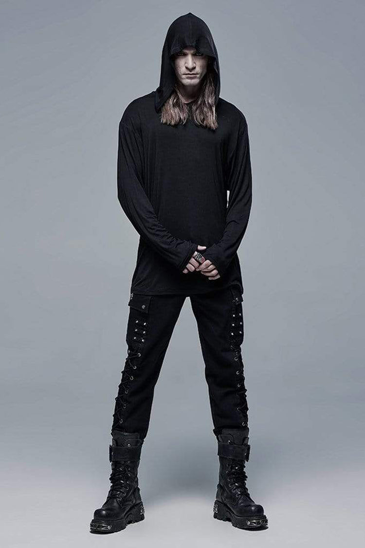 Black Knit Outer Mesh Long Sleeve Inner Hooded Simple Two Piece Men's Punk T-Shirt