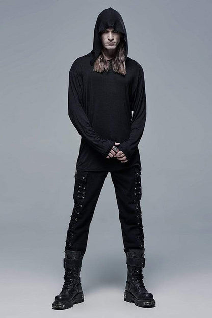 Black Knit Outer Mesh Long Sleeve Inner Hooded Simple Two Piece Men's Punk T-Shirt