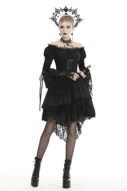 Black Off Shoulder Long Trumpet Puff Sleeves Lace-Up Strappy Mesh Women's Gothic Cocktail Dress