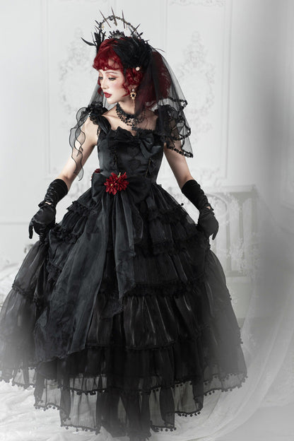 Black Multi-Layered Ruffled Hanayome Bow Pearl-Decorated Gothic Lolita Jsk Dress Full Set 2 Versions