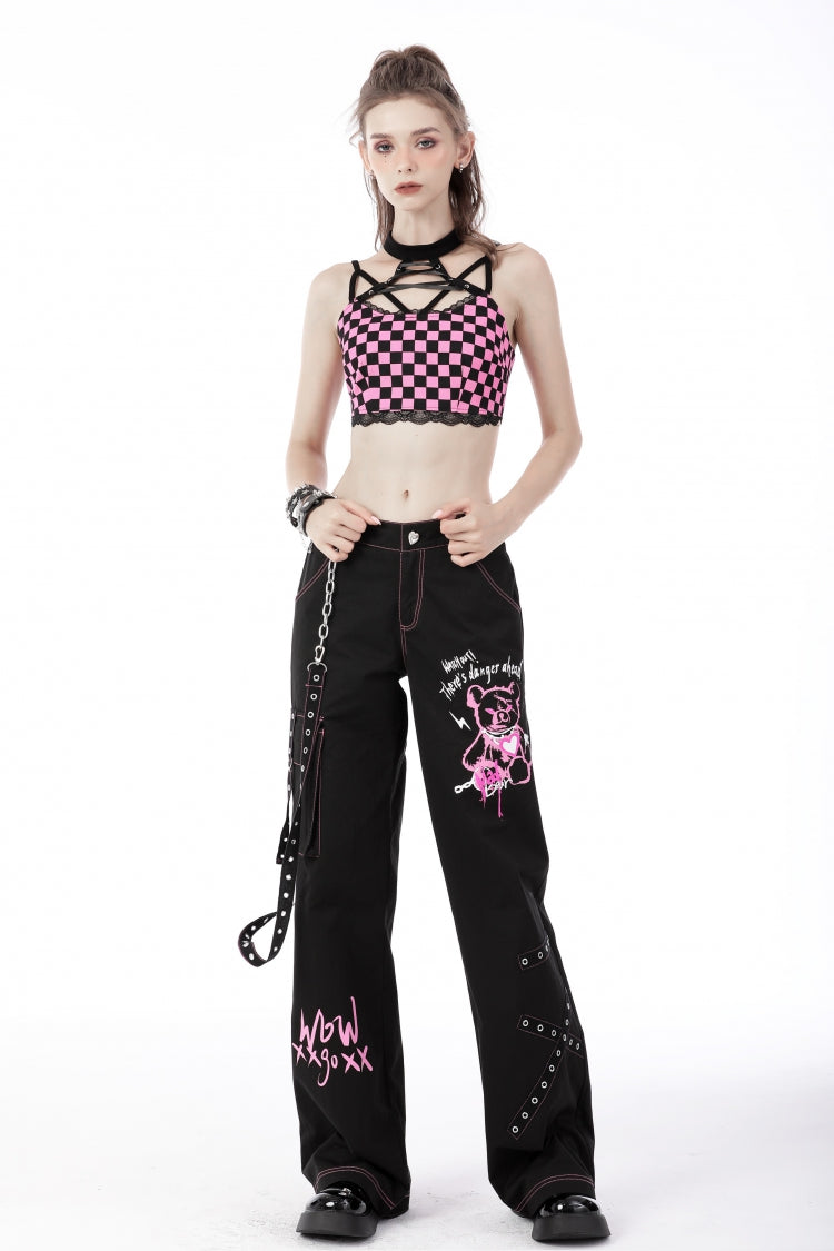 Black Dangerous Bear Chain-Decorated Women's Grunge Bell Bottom Pants
