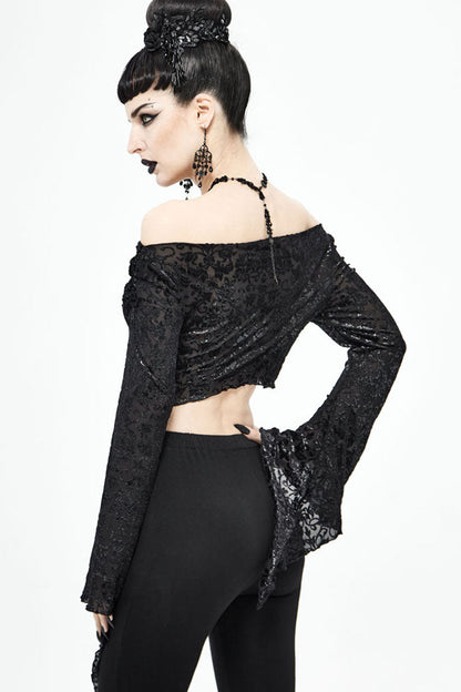 Black Long Sleeve Burnt Velvet Off-Shoulder Women's Punk Shirt