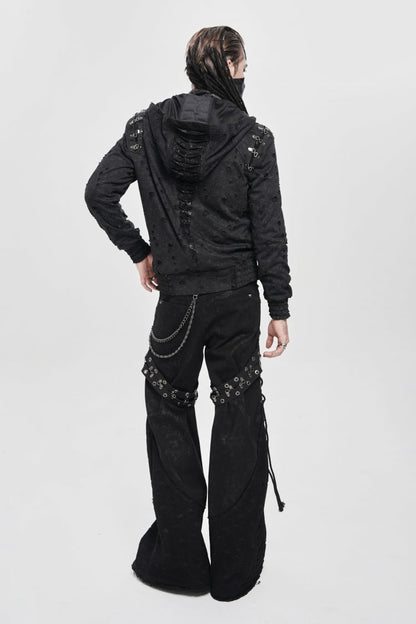 Black Long Sleeves Hexagram Print Hooded Ripped Pleated Men's Punk Coat
