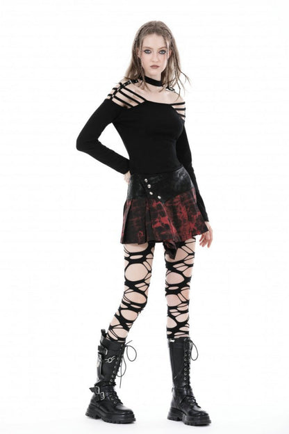Black Off Shoulder Long Sleeves Cut-Out Buckled Women's Punk Blouse
