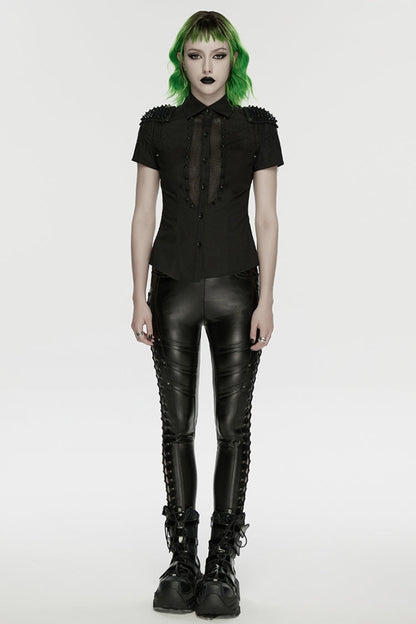 Black Lapel Collar Short Sleeves Mesh Studded Tassels  Women's Punk Blouse