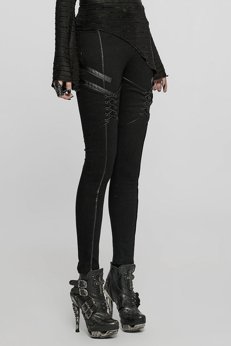 Black Faux Leather Stitching Lace-Up Slim Skinny Women's Punk Jeans Pants