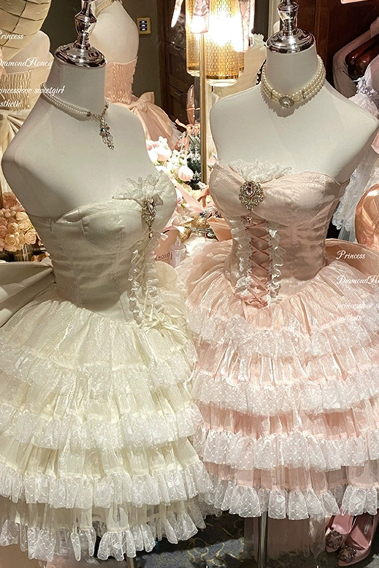 Beige [Heartbeat at First Sight] Off Shoulder Sleeveless Multi-Layered Ruffle Bowknot Lace Lace-Up Sweet Princess Gorgeous Lolita Dress