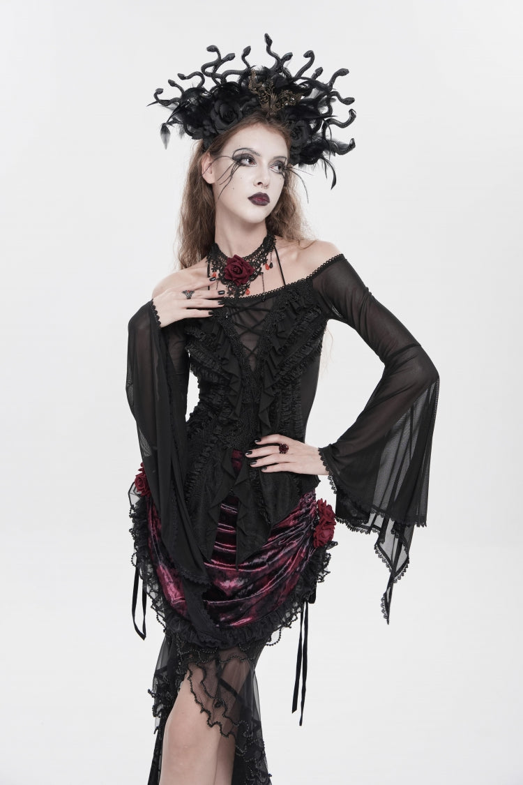 Black Off Shoulder Long Trumpet Sleeves Ruffled Embroidered Lace-Up Women's Gothic Blouse