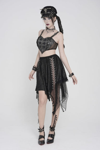 Black Lace Irregular Chain-Decorated Women's Punk Streamer Skirt