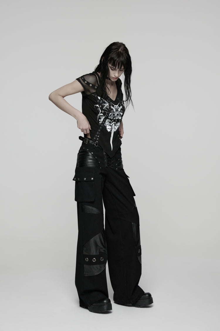 Black Lace Lace-Up Buckled Women's Big Pocket Punk Pants