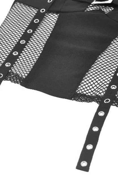 Black Off Shoulder Halterneck Sleeveless Mesh Eyelet Strap Women's Punk Top