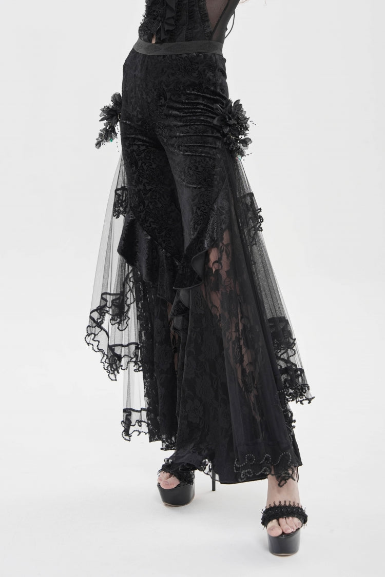 Black Embroidered Lace Women's Printed Mesh Floral Gothic Pants