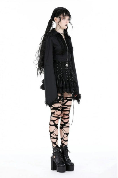 Black Layered Lace Mesh Lace-Up Zippered Women's Punk Mini Skirt