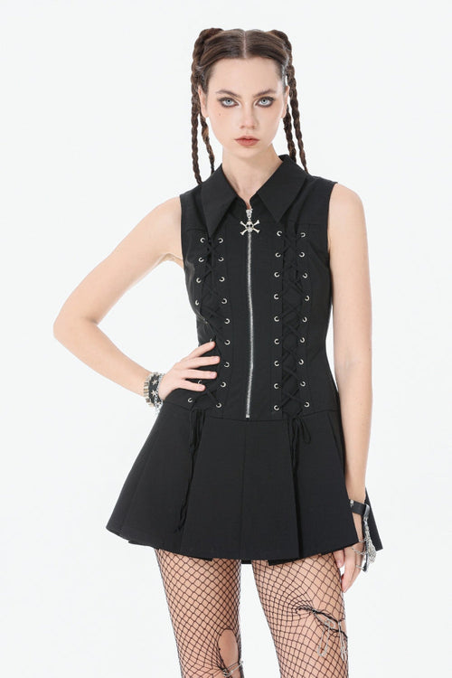 Black Point Collar Sleeveless Skull Zip Women's Punk Dress