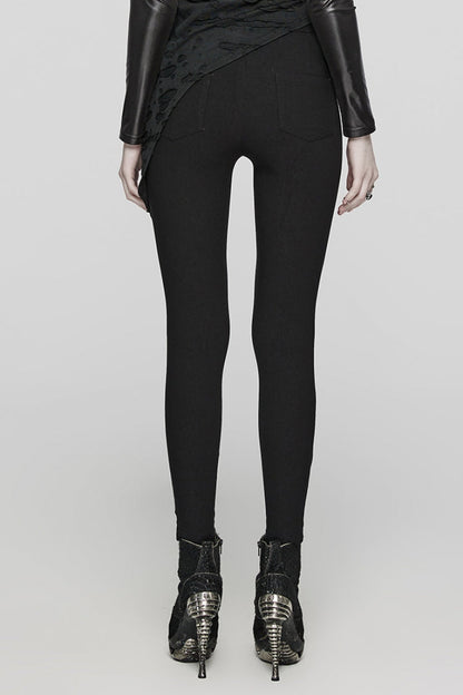 Black Hollow Lace-Up Mesh Metal Rivets Women's Steampunk Leggings