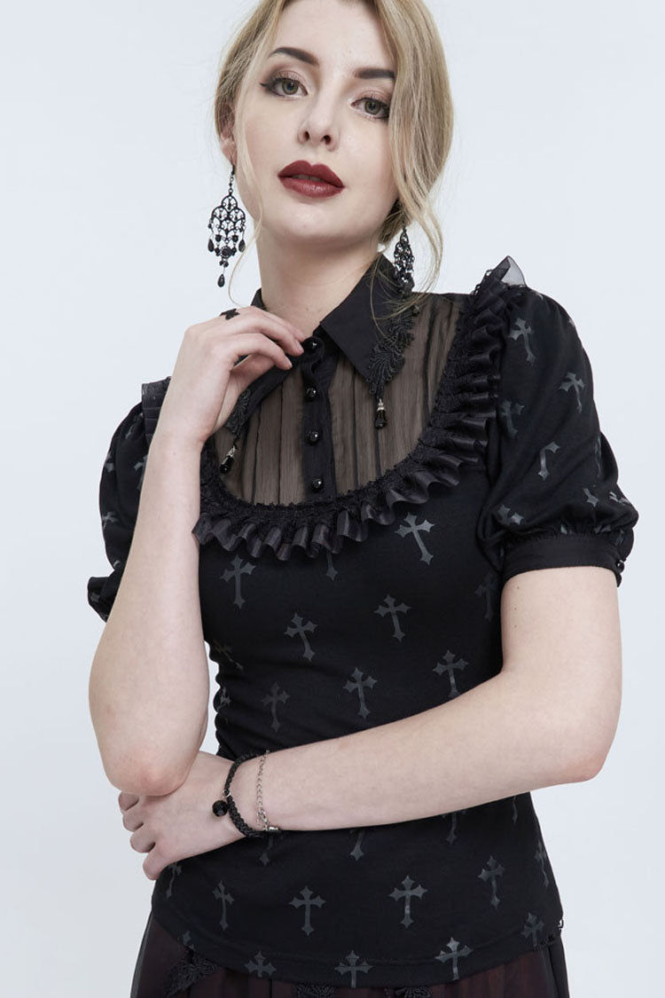 Black Chest Paneled Chiffon Lace Collar Lace Strap Pendant Cross Print Women's Punk Shirt