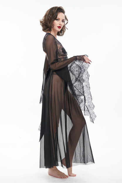 Black Perspective V-Neck Sexy Backless Lace Up Lace Flare Sleeve Women's Gothic Dress