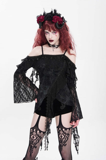 Black Off Shoulder Long Trumpet Sleeves Ruffle Women's Gothic Slip Blouse