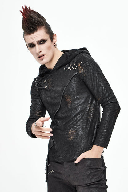 Black Broken Holes Knit Shoulder Lace-Up Irregular Hem Hooded Men's Punk T-Shirt