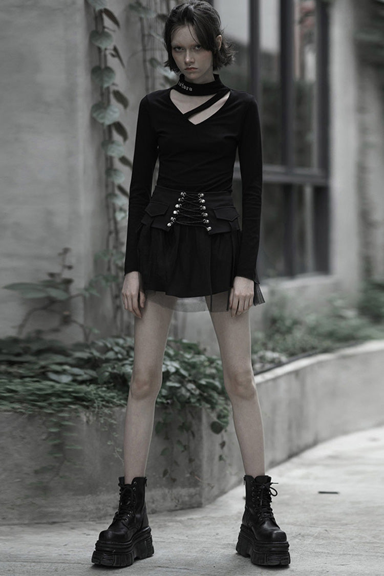Black Binding Mesh Plaid High Waist Women's Steam Punk Skirt