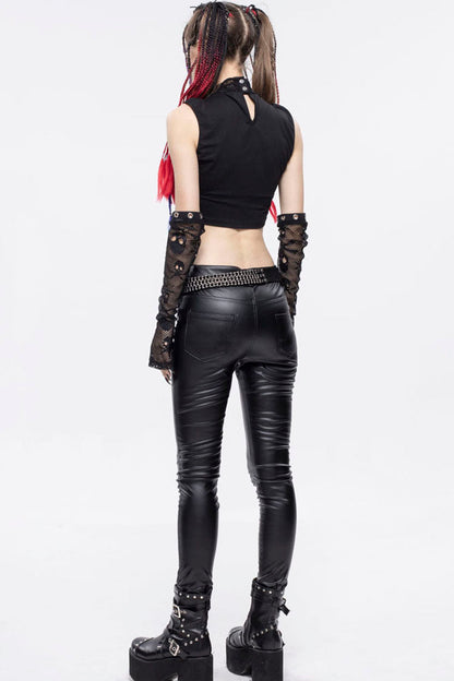 Black Gothic Cotton Knitted Fabric Fake Two-Piece Small Stand Up Collar Patchwork Skull Mesh Super Short Women's Vest