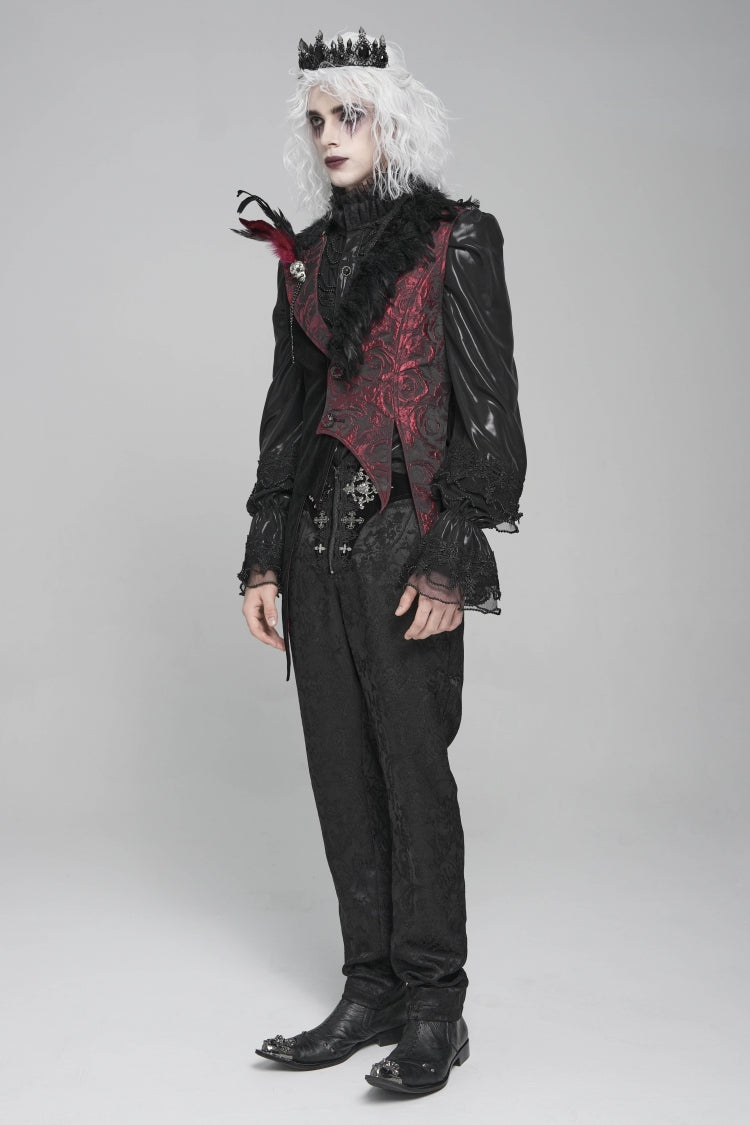 Black Long Sleeves Rose Print Irregular Contrast Color Men's Gothic Vest with Detachable Feather Accessory