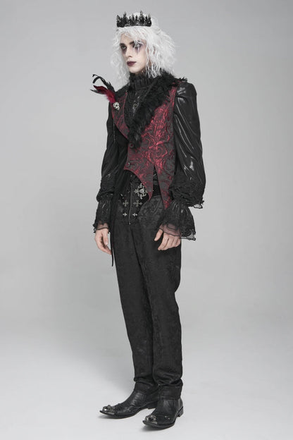 Black Long Sleeves Rose Print Irregular Contrast Color Men's Gothic Vest with Detachable Feather Accessory