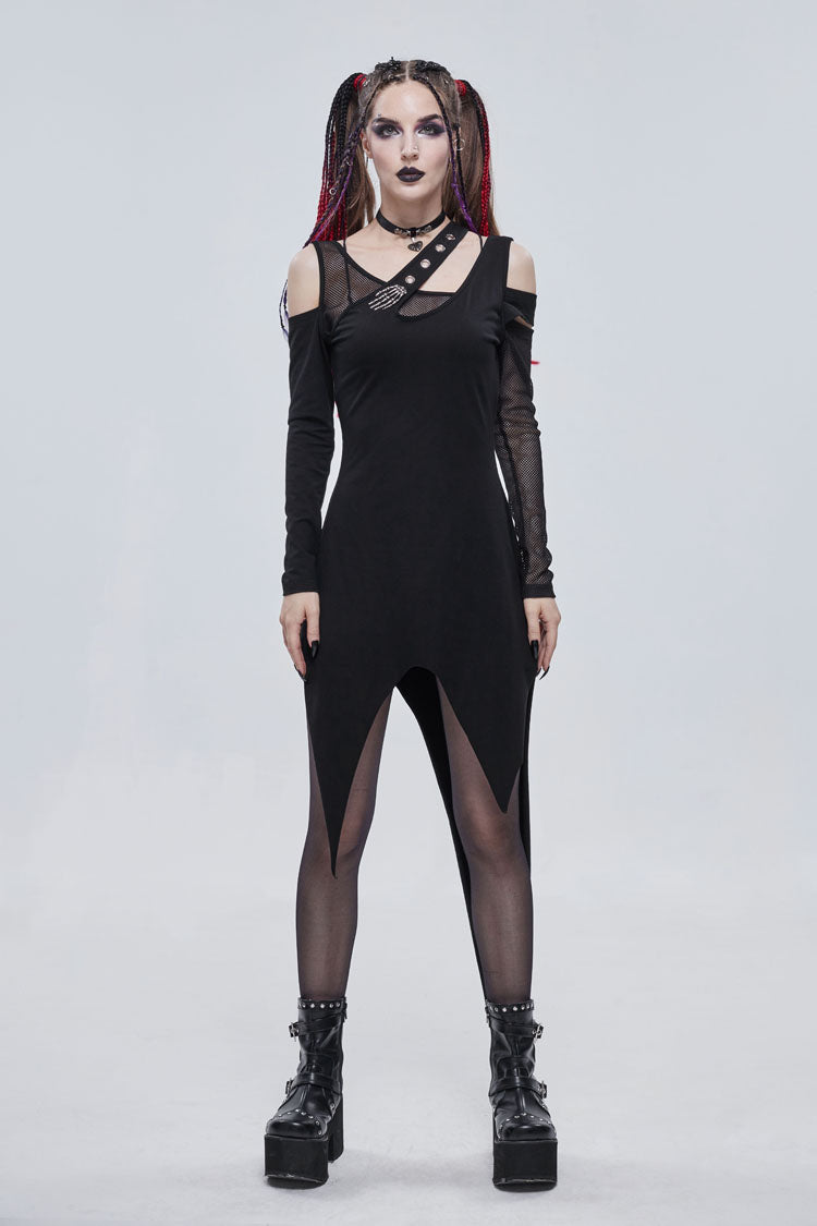 Black Asymmetric Distressed Design Metal Ghost Hand Buttonhole Decoration Women's Punk Dress