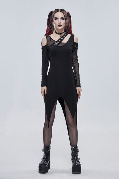 Black Asymmetric Distressed Design Metal Ghost Hand Buttonhole Decoration Women's Punk Dress
