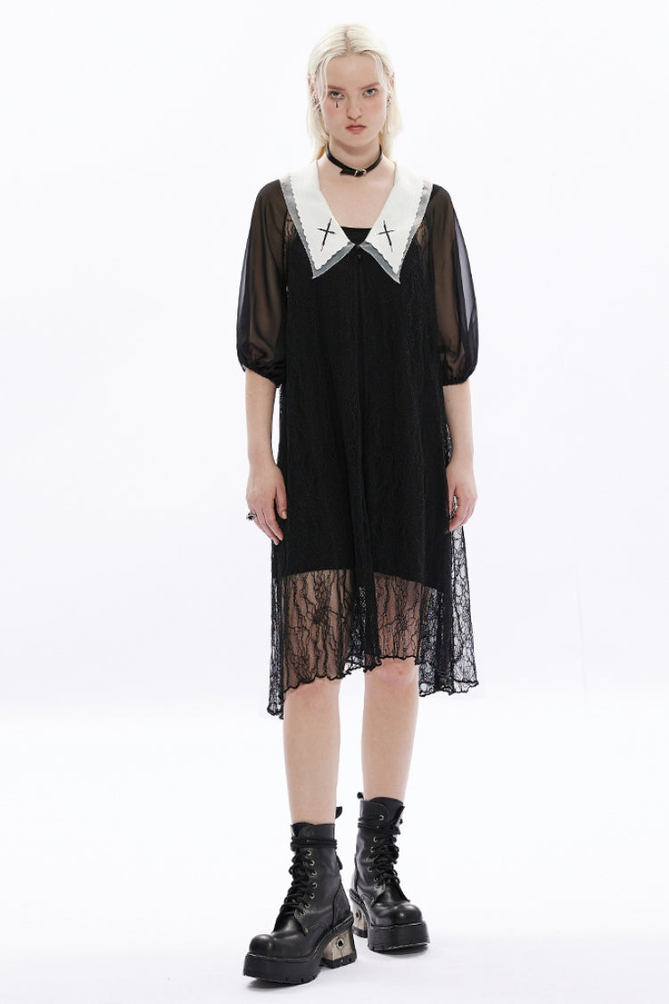Black Long Puff Sleeves Cross Embroidery Loose Women's Gothic Dress