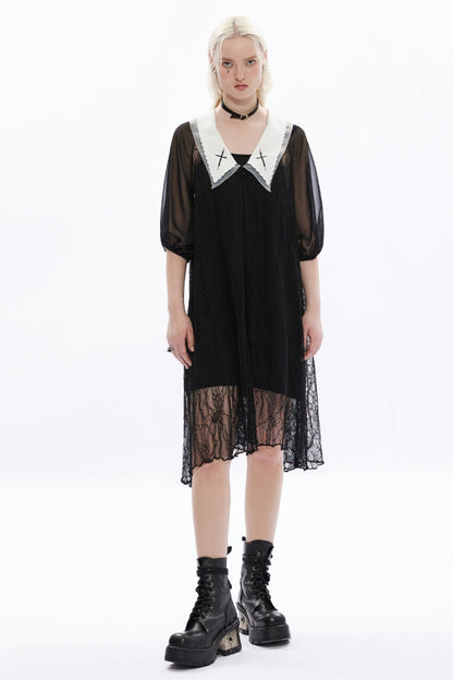 Black Long Puff Sleeves Cross Embroidery Loose Women's Gothic Dress