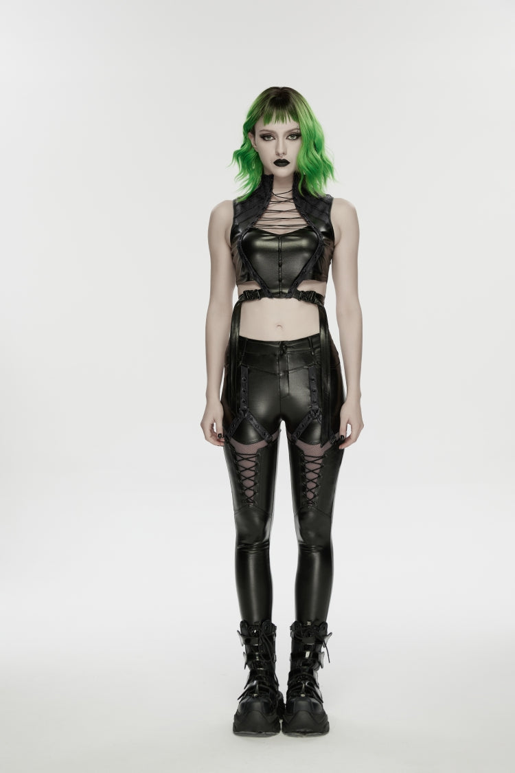 Black Cut-Out Spliced Eyelet Mesh Women's Punk Leggings