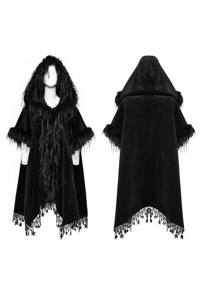 Black Bat Sleeves Tassel Faux Fur Stitching Lace Hooded Womens Gothic Elegant Cloak