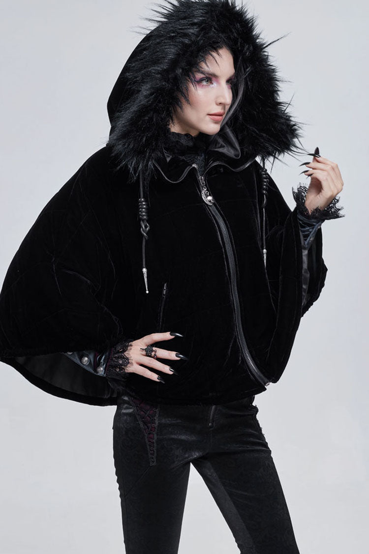 Black Gothic Velvet Collar Crescent Pendant Zipper Warm Short Women's Shawl