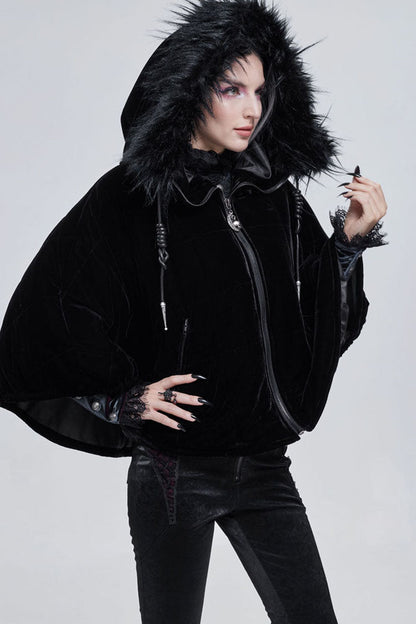 Black Gothic Velvet Collar Crescent Pendant Zipper Warm Short Women's Shawl
