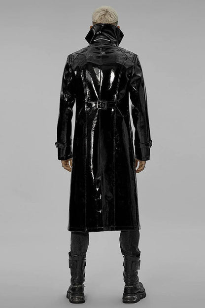 Black Dual Stand Collar Metal Buckle Patent Leather Stitching Mens Steampunk Coat
