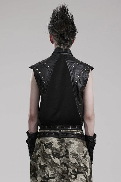Black Faux Leather Stitching Mesh Sheer Metal Rivets Mens Steampunk Vest