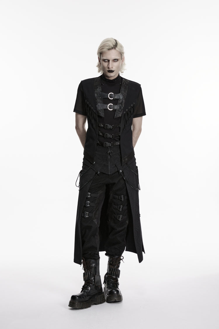 Black Cut-Out Lace-Up Slim Mesh Buckled Eyelet Men's Punk Handsome Vest