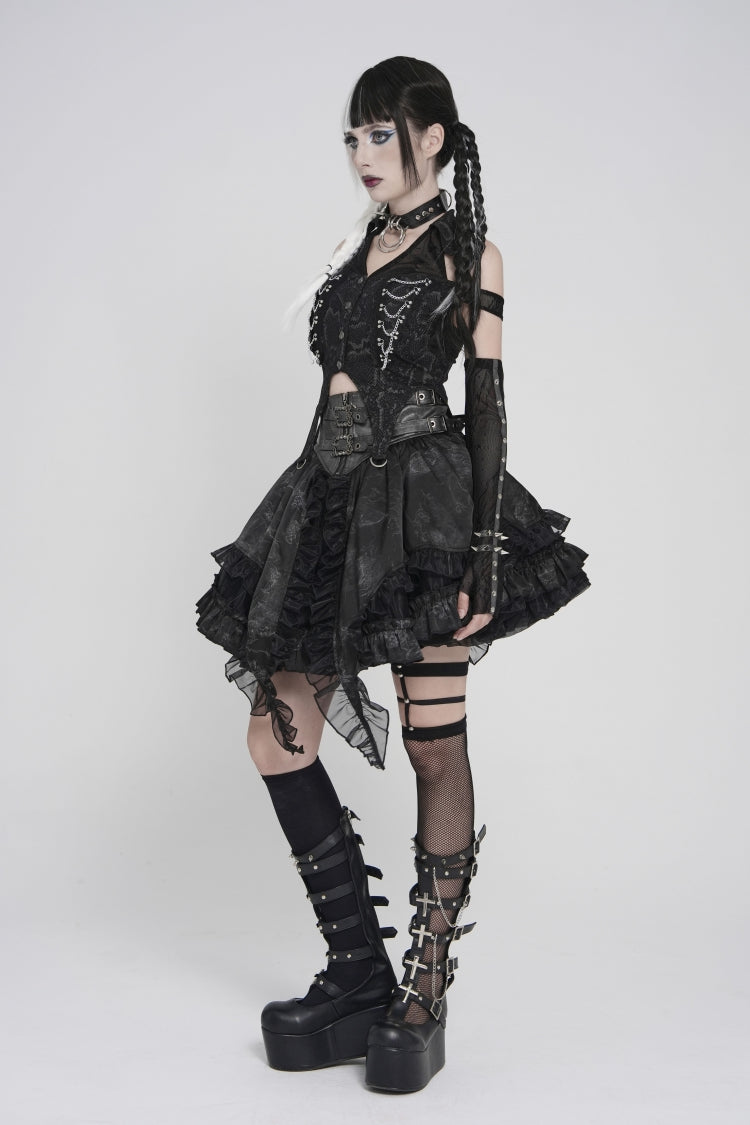 Black Off Shoulder Lace-Up Irregular Chain-Decorated Women's Punk Vest