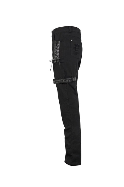 Black Metal Decorative Lace Up Leg Loops Long Men's Punk Pants