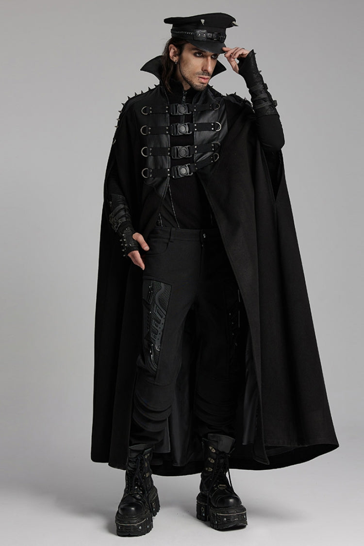 Black High Collar Faux Leather Stitching Mesh Rivet Buckle Women's Punk Cloak