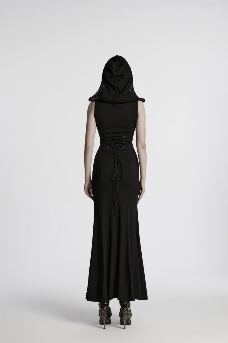 Black Off Shoulder Sleeveless Spliced Lace-Up Slim Mesh Studded Eyelet Women's Punk Dress