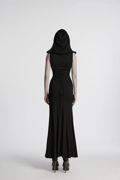 Black Off Shoulder Sleeveless Spliced Lace-Up Slim Mesh Studded Eyelet Women's Punk Dress