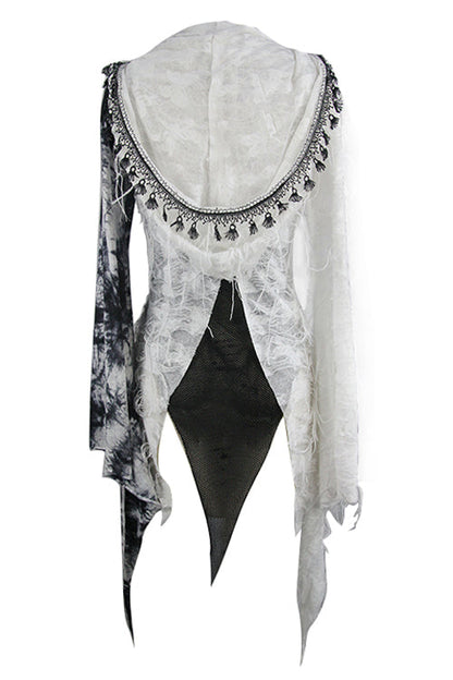 Black And White Tie Dyed Jersey Hooded Punk Asymmetrical Womens Coat