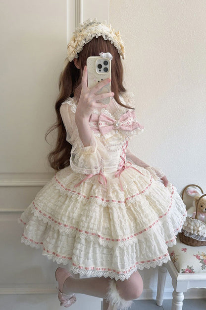 Apricot [Song of Floral Letters] Sleeveless Triple-Layered Bowknot Lace-Up Sweet Lolita Jsk Dress