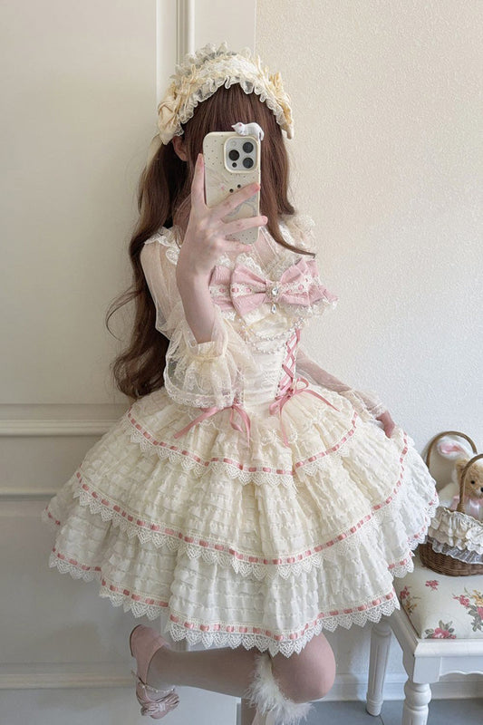 Apricot [Song of Floral Letters] Sleeveless Triple-Layered Bowknot Lace-Up Sweet Lolita Jsk Dress