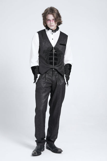 Black Floral Print Embroidery Men's Gothic Suit Pants
