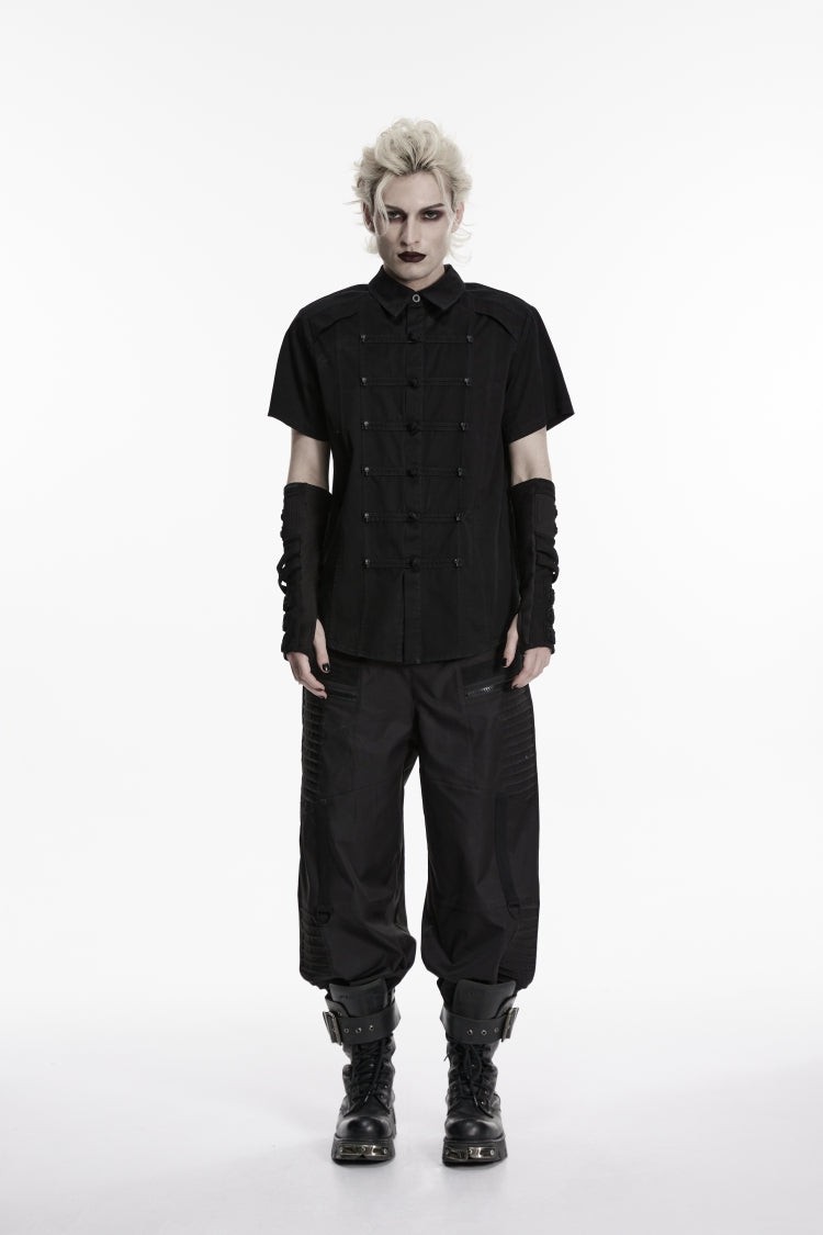 Black Lapel Collar Short Sleeves Studded Men's Punk Skull Handsome Cool Shirt
