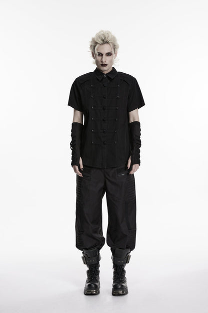Black Lapel Collar Short Sleeves Studded Men's Punk Skull Handsome Cool Shirt