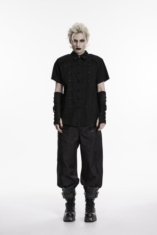 Black Lapel Collar Short Sleeves Studded Men's Punk Skull Handsome Cool Shirt